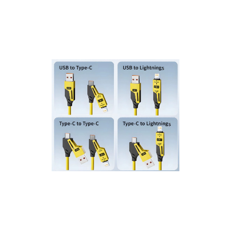 USB 4v1, rychlonabíjecí kabel - žlutý, kroucený